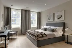 Bedroom Design With Gray Bed And Gray Curtains