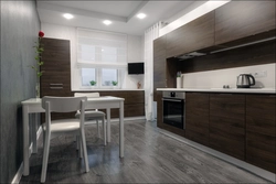 Gray kitchen brown floor in the interior