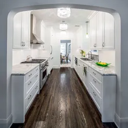 Gray kitchen brown floor in the interior