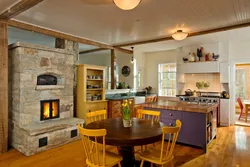 Дизайн кухни гостиной с печью