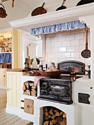 Potbelly stove in the kitchen interior
