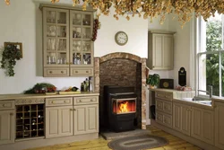 Potbelly stove in the kitchen interior