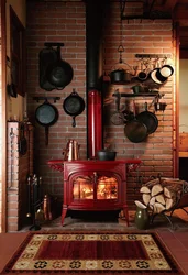 Potbelly stove in the kitchen interior