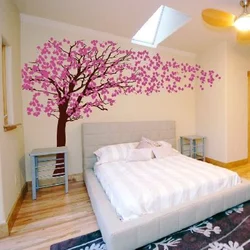 Bedroom design with flower on the wall