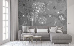 Wallpaper with dandelions in the living room interior