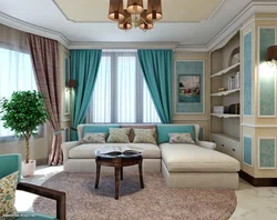 Living room design beige turquoise