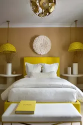 Yellow bed in the bedroom interior photo