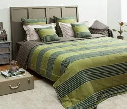 Green bedspread in the bedroom interior