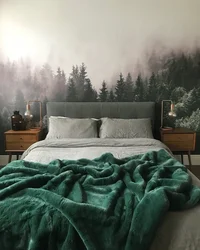 Green bedspread in the bedroom interior