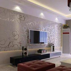 Living room interior with colored wallpaper