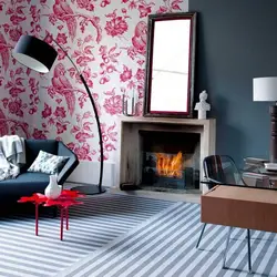 Living room interior with colored wallpaper