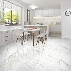 Gray porcelain tiles on the floor in the kitchen interior