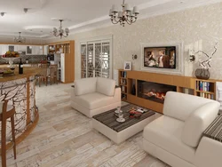 Tiles in the living room combined with kitchen design photo