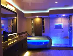Дизайн потолка в ванной с подсветкой