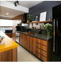 Gray walls in the kitchen interior wood