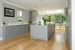Gray walls in the kitchen interior wood