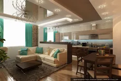 Design of suspended ceilings in the living room combined with the kitchen