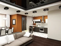 Design of suspended ceilings in the living room combined with the kitchen