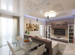 Design of suspended ceilings in the living room combined with the kitchen