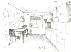 Kitchen interior in pencil