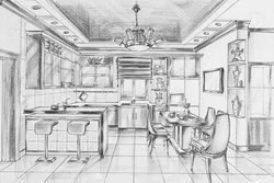 Kitchen interior in pencil