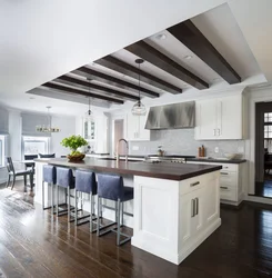 Kitchen living room interior with beams