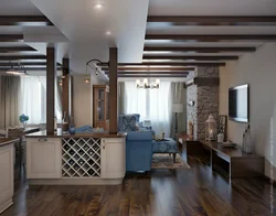 Kitchen living room interior with beams