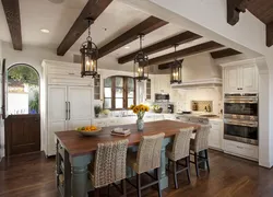 Kitchen living room interior with beams