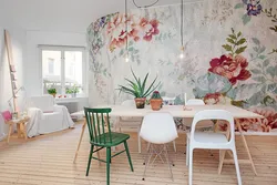 Photo of a kitchen with flower wallpaper