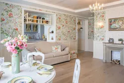 Photo of a kitchen with flower wallpaper