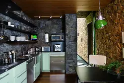Photo of kitchen with stone panels