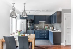 Blue kitchen living room interior