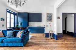 Blue kitchen living room interior