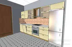 Straight kitchen design with refrigerator on the right