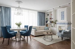 Living room kitchen interior in blue tones