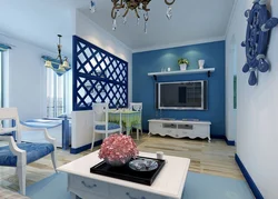 Living room kitchen interior in blue tones