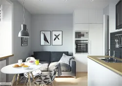 Kitchen design with gray sofa photo