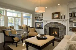 Interiors kitchen living room with fireplace photo in style