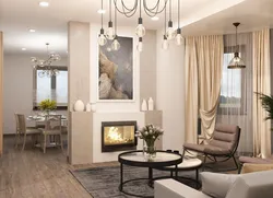 Interiors kitchen living room with fireplace photo in style