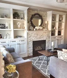 Interiors kitchen living room with fireplace photo in style