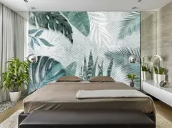 Обои с листьями в интерьере спальни пальмовыми