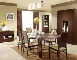 White kitchen interior with brown table