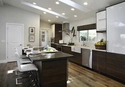 White kitchen interior with brown table