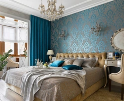 Combination of blue and beige in the bedroom interior