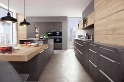 Photo of a gray kitchen combined with wood