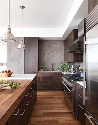 Photo of a gray kitchen combined with wood