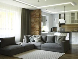 White Kitchen With Gray Sofa Photo