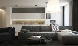 White kitchen with gray sofa photo