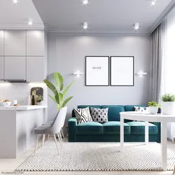 White kitchen with gray sofa photo