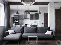 White Kitchen With Gray Sofa Photo